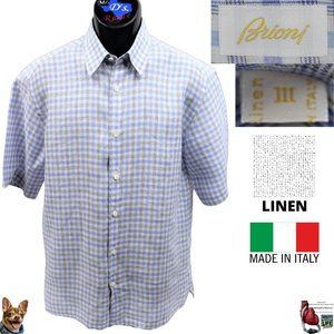 Brioni M Purple Blue Plaid Linen Made in Italy